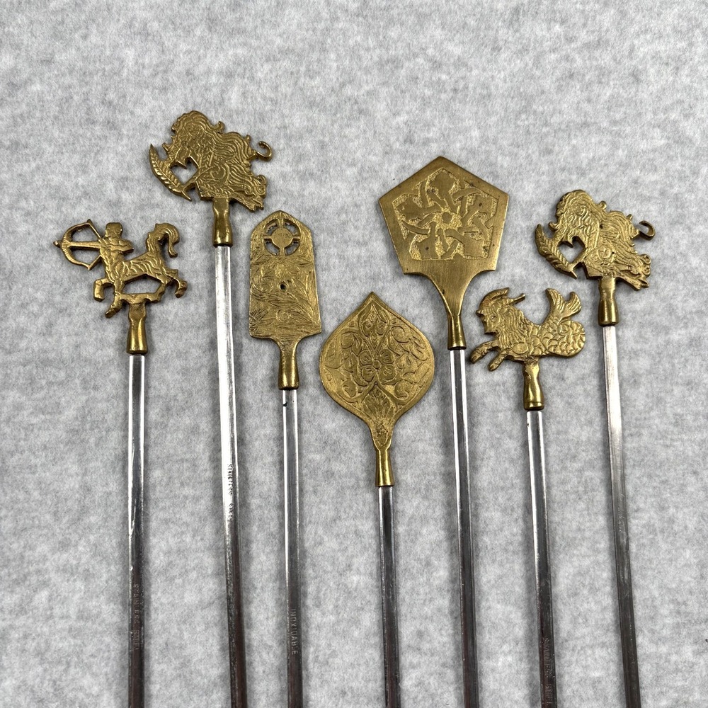 Vintage Turkish Brass Shish Kebab Skewers Set of 7 Figural Handles BBQ Grill